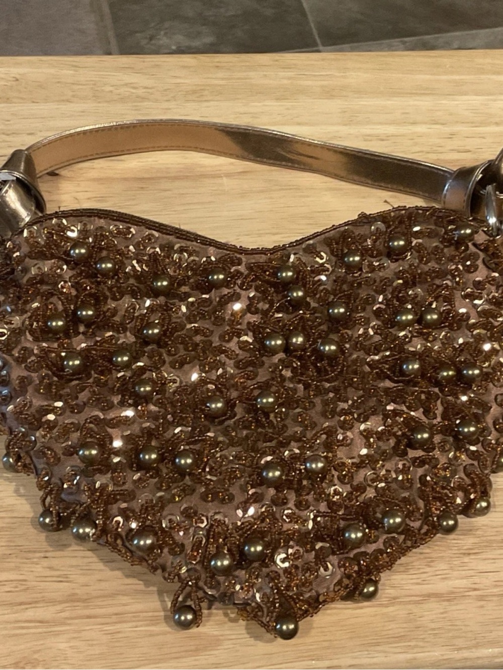 Candace Los Angeles Bronze Beaded Sparkle Evening Heart Shaped Purse Handbag NWT